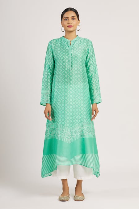 Krishna Mehta_Green Tussar Printed Geometric Mandarin Collar Tunic  _Online_at_Aza_Fashions