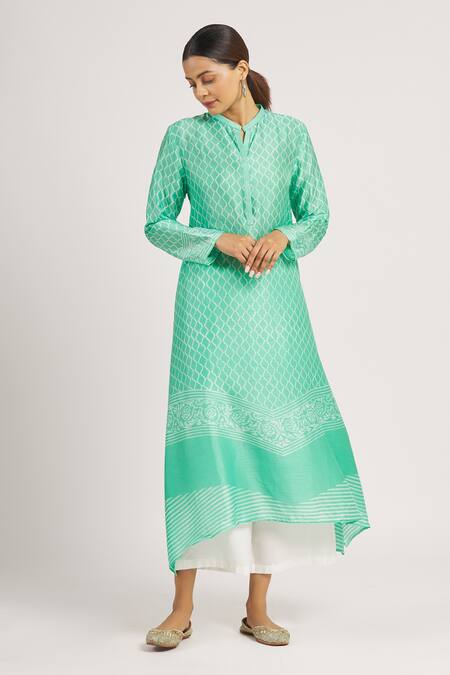 Buy_Krishna Mehta_Green Tussar Printed Geometric Mandarin Collar Tunic  _Online_at_Aza_Fashions