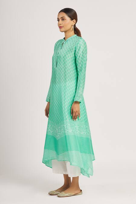 Shop_Krishna Mehta_Green Tussar Printed Geometric Mandarin Collar Tunic  _Online_at_Aza_Fashions