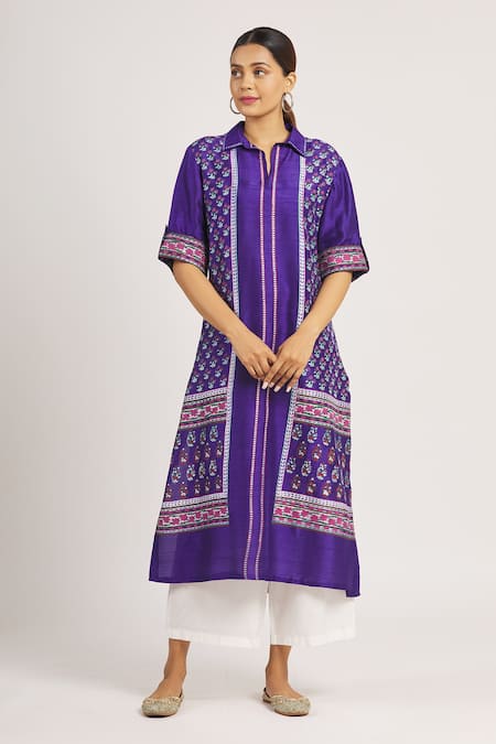 Krishna Mehta_Purple Tussar Printed Geometric Spread Collar Tunic  _Online_at_Aza_Fashions