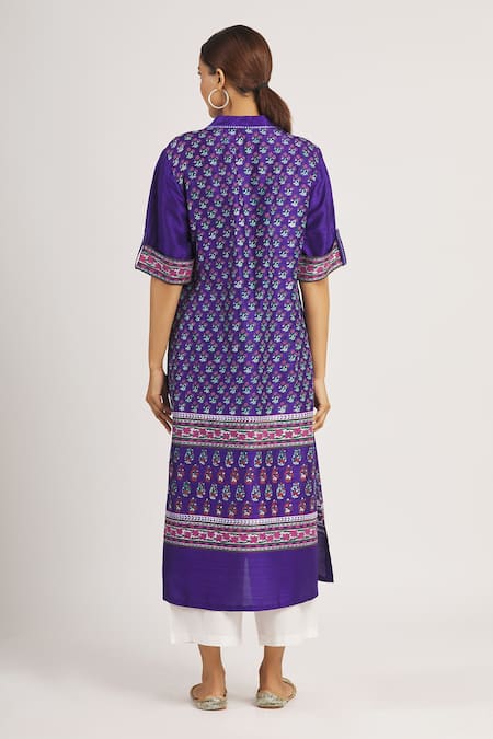 Shop_Krishna Mehta_Purple Tussar Printed Geometric Spread Collar Tunic  _at_Aza_Fashions