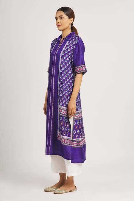 Shop_Krishna Mehta_Purple Tussar Printed Geometric Spread Collar Tunic  _Online_at_Aza_Fashions