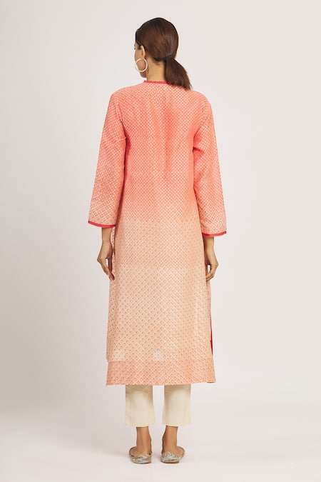 Shop Krishna Mehta Peach Chanderi Printed Geometric Round Tunic at Aza Fashions Shop_Krishna Mehta_Peach Chanderi Printed Geometric Round Tunic _at_Aza_Fashions