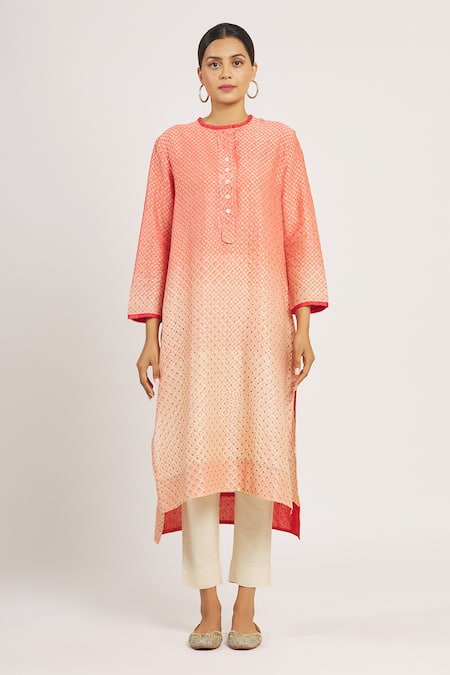 Krishna Mehta Peach Chanderi Printed Geometric Round Tunic Online at Aza Fashions Krishna Mehta_Peach Chanderi Printed Geometric Round Tunic _Online_at_Aza_Fashions
