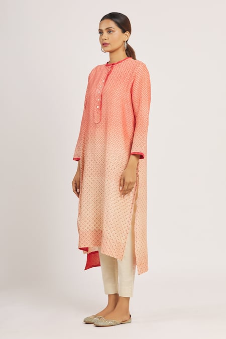 Shop Krishna Mehta Peach Chanderi Printed Geometric Round Tunic Online at Aza Fashions Shop_Krishna Mehta_Peach Chanderi Printed Geometric Round Tunic _Online_at_Aza_Fashions