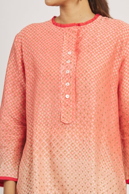 Krishna Mehta Peach Chanderi Printed Geometric Round Tunic at Aza Fashions Krishna Mehta_Peach Chanderi Printed Geometric Round Tunic _at_Aza_Fashions