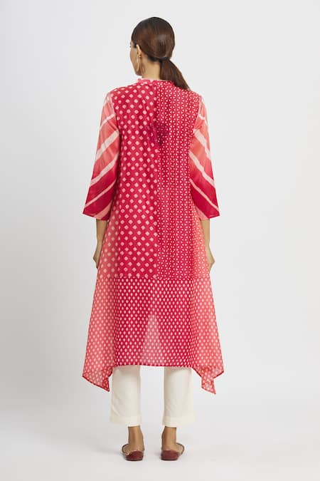 Shop_Krishna Mehta_Pink Chanderi Printed Floral Mandarin Collar Geometric Tunic  _at_Aza_Fashions