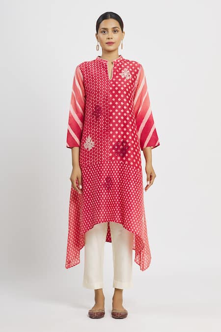 Krishna Mehta_Pink Chanderi Printed Floral Mandarin Collar Geometric Tunic  _Online_at_Aza_Fashions