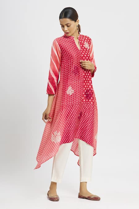 Buy_Krishna Mehta_Pink Chanderi Printed Floral Mandarin Collar Geometric Tunic  _Online_at_Aza_Fashions