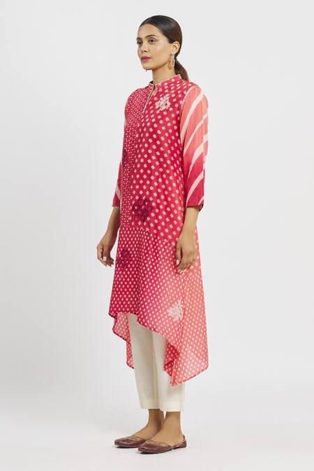 Shop_Krishna Mehta_Pink Chanderi Printed Floral Mandarin Collar Geometric Tunic  _Online_at_Aza_Fashions
