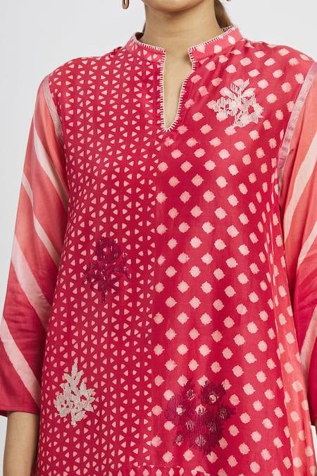 Krishna Mehta_Pink Chanderi Printed Floral Mandarin Collar Geometric Tunic  _at_Aza_Fashions