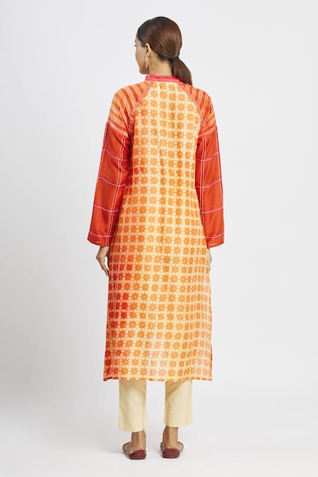 Shop_Krishna Mehta_Orange Chanderi Printed Floral Mandarin Collar Tunic  _at_Aza_Fashions