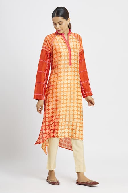 Buy_Krishna Mehta_Orange Chanderi Printed Floral Mandarin Collar Tunic  _Online_at_Aza_Fashions