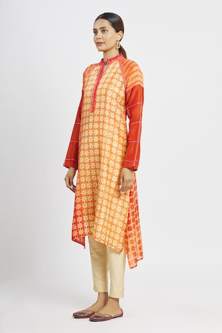 Shop_Krishna Mehta_Orange Chanderi Printed Floral Mandarin Collar Tunic  _Online_at_Aza_Fashions