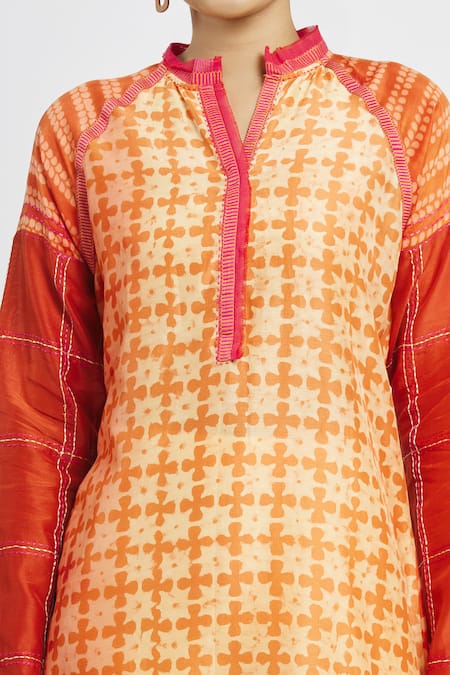 Krishna Mehta_Orange Chanderi Printed Floral Mandarin Collar Tunic  _at_Aza_Fashions