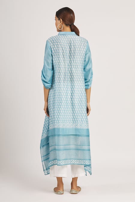 Shop_Krishna Mehta_Blue Chanderi Printed Floral Shirt Collar Tunic _at_Aza_Fashions