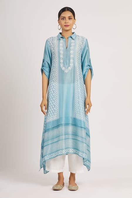 Krishna Mehta_Blue Chanderi Printed Floral Shirt Collar Tunic _Online_at_Aza_Fashions