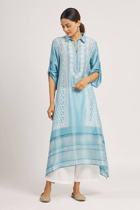 Buy_Krishna Mehta_Blue Chanderi Printed Floral Shirt Collar Tunic _Online_at_Aza_Fashions