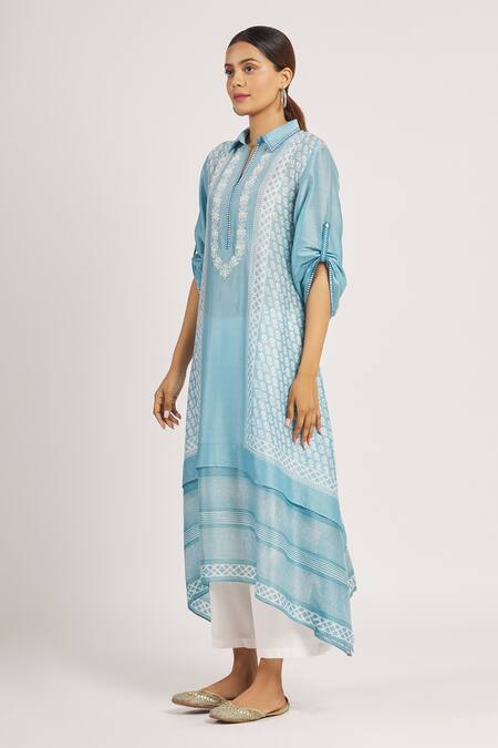 Shop_Krishna Mehta_Blue Chanderi Printed Floral Shirt Collar Tunic _Online_at_Aza_Fashions