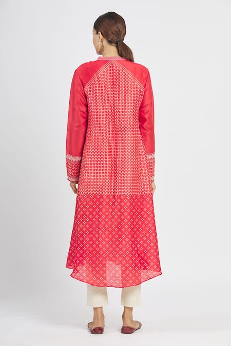 Shop_Krishna Mehta_Orange Chanderi Printed Geometric Mandarin Collar Tunic  _at_Aza_Fashions