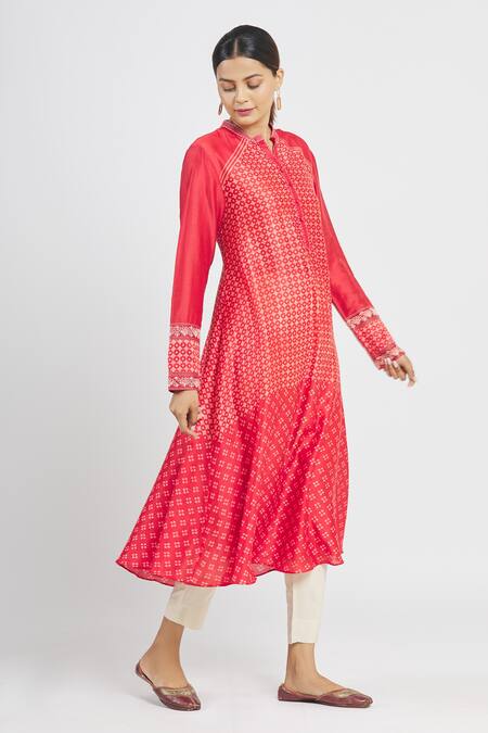 Buy_Krishna Mehta_Orange Chanderi Printed Geometric Mandarin Collar Tunic  _Online_at_Aza_Fashions