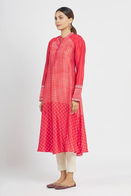 Shop_Krishna Mehta_Orange Chanderi Printed Geometric Mandarin Collar Tunic  _Online_at_Aza_Fashions