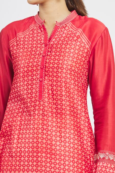 Krishna Mehta_Orange Chanderi Printed Geometric Mandarin Collar Tunic  _at_Aza_Fashions