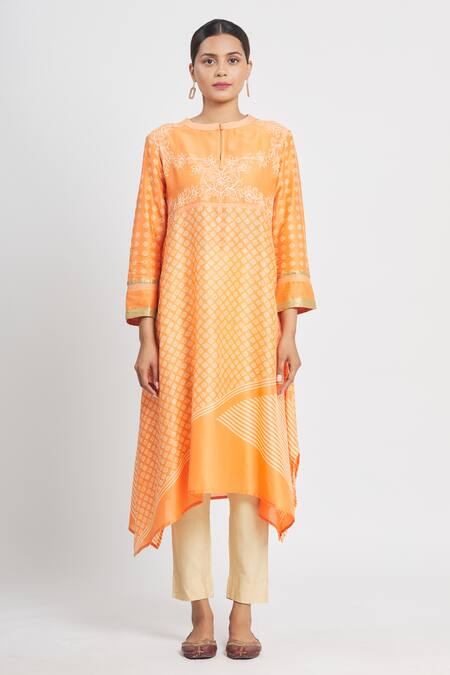 Krishna Mehta_Orange Chanderi Printed Geometric Mandarin Collar Tunic  _Online_at_Aza_Fashions