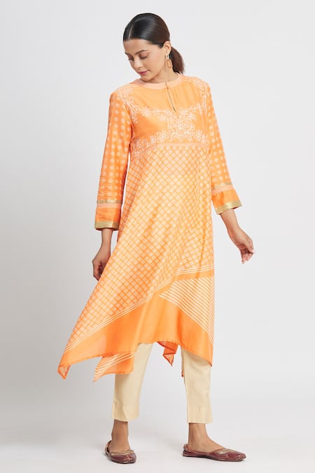 Buy_Krishna Mehta_Orange Chanderi Printed Geometric Mandarin Collar Tunic  _Online_at_Aza_Fashions