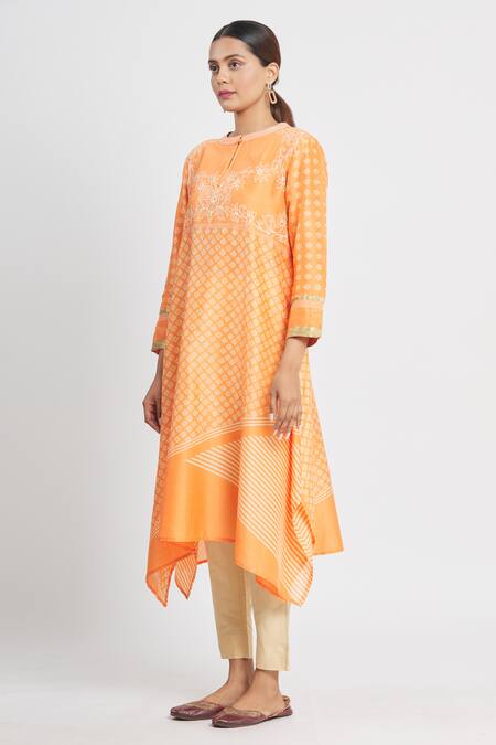 Shop_Krishna Mehta_Orange Chanderi Printed Geometric Mandarin Collar Tunic  _Online_at_Aza_Fashions