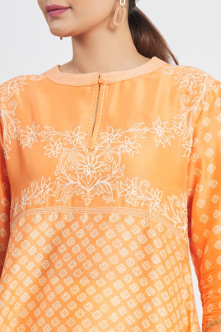 Krishna Mehta_Orange Chanderi Printed Geometric Mandarin Collar Tunic  _at_Aza_Fashions
