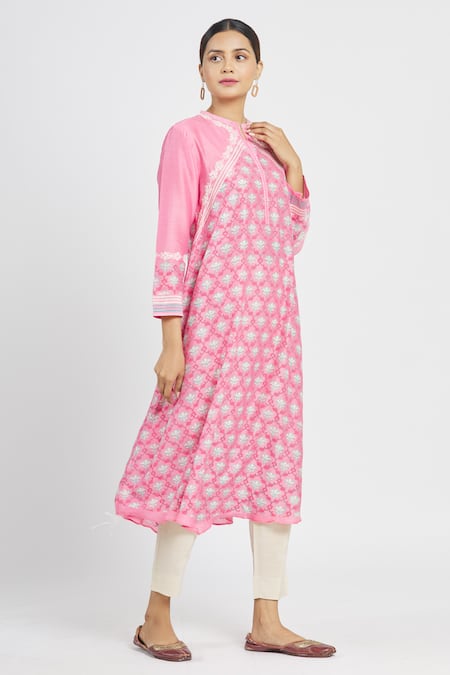 Buy_Krishna Mehta_Pink Chanderi Printed Floral Mandarin Collar Tunic  _Online_at_Aza_Fashions