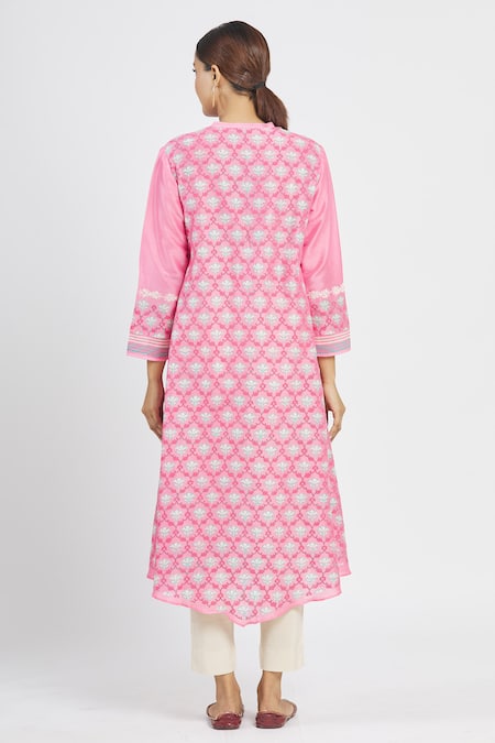 Shop_Krishna Mehta_Pink Chanderi Printed Floral Mandarin Collar Tunic  _at_Aza_Fashions