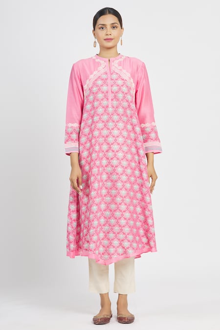 Krishna Mehta_Pink Chanderi Printed Floral Mandarin Collar Tunic  _Online_at_Aza_Fashions