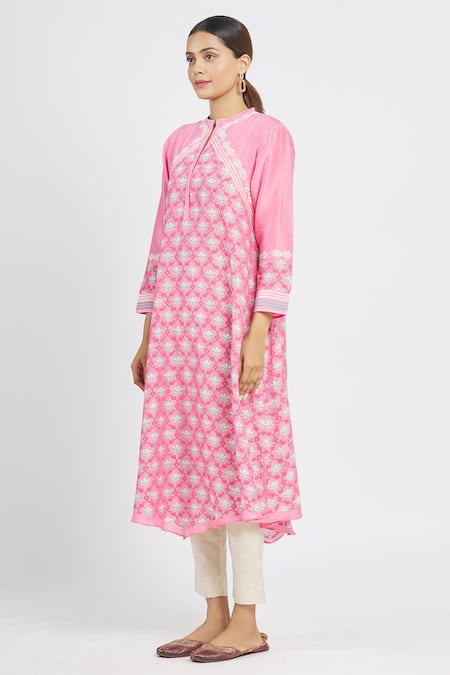 Shop_Krishna Mehta_Pink Chanderi Printed Floral Mandarin Collar Tunic  _Online_at_Aza_Fashions