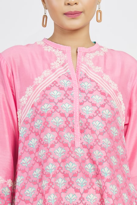 Krishna Mehta_Pink Chanderi Printed Floral Mandarin Collar Tunic  _at_Aza_Fashions
