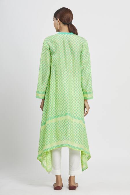 Shop_Krishna Mehta_Green Tussar Printed Geometric Mandarin Collar Asymmetric Tunic _at_Aza_Fashions