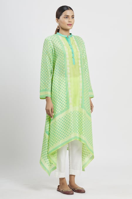 Krishna Mehta_Green Tussar Printed Geometric Mandarin Collar Asymmetric Tunic _Online_at_Aza_Fashions
