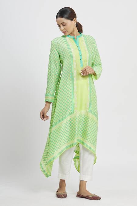 Buy_Krishna Mehta_Green Tussar Printed Geometric Mandarin Collar Asymmetric Tunic _Online_at_Aza_Fashions