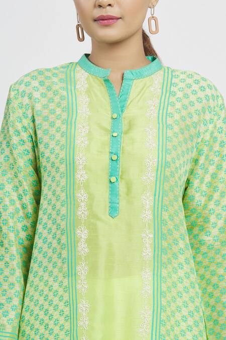Krishna Mehta_Green Tussar Printed Geometric Mandarin Collar Asymmetric Tunic _at_Aza_Fashions