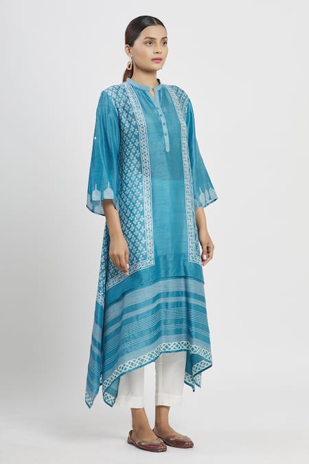 Buy Krishna Mehta Blue Tussar Printed Geometric Mandarin Collar Asymmetric Tunic Online at Aza Fashions Buy_Krishna Mehta_Blue Tussar Printed Geometric Mandarin Collar Asymmetric Tunic _Online_at_Aza_Fashions
