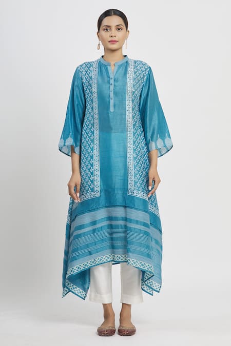 Shop Krishna Mehta Blue Tussar Printed Geometric Mandarin Collar Asymmetric Tunic Online at Aza Fashions Shop_Krishna Mehta_Blue Tussar Printed Geometric Mandarin Collar Asymmetric Tunic _Online_at_Aza_Fashions