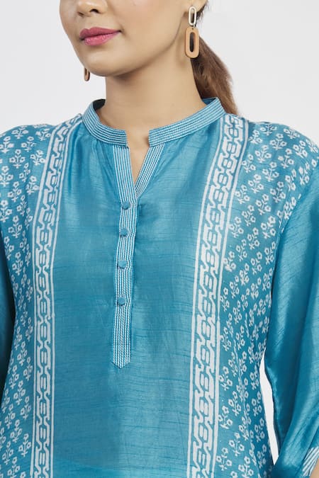 Krishna Mehta Blue Tussar Printed Geometric Mandarin Collar Asymmetric Tunic at Aza Fashions Krishna Mehta_Blue Tussar Printed Geometric Mandarin Collar Asymmetric Tunic _at_Aza_Fashions