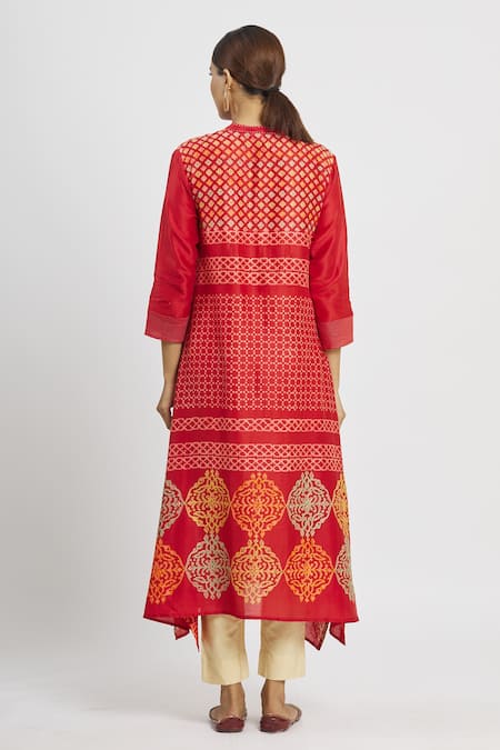 Shop Krishna Mehta Red Chanderi Printed Floral Mandarin Collar Asymmetric Tunic at Aza Fashions Shop_Krishna Mehta_Red Chanderi Printed Floral Mandarin Collar Asymmetric Tunic _at_Aza_Fashions