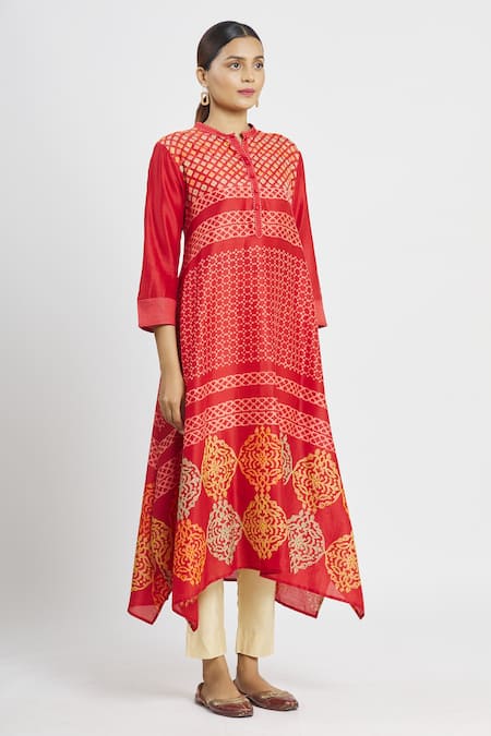 Krishna Mehta Red Chanderi Printed Floral Mandarin Collar Asymmetric Tunic Online at Aza Fashions Krishna Mehta_Red Chanderi Printed Floral Mandarin Collar Asymmetric Tunic _Online_at_Aza_Fashions