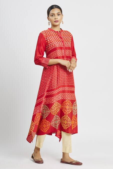 Buy Krishna Mehta Red Chanderi Printed Floral Mandarin Collar Asymmetric Tunic Online at Aza Fashions Buy_Krishna Mehta_Red Chanderi Printed Floral Mandarin Collar Asymmetric Tunic _Online_at_Aza_Fashions