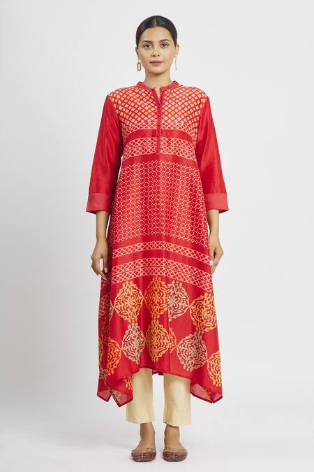 Shop Krishna Mehta Red Chanderi Printed Floral Mandarin Collar Asymmetric Tunic Online at Aza Fashions Shop_Krishna Mehta_Red Chanderi Printed Floral Mandarin Collar Asymmetric Tunic _Online_at_Aza_Fashions
