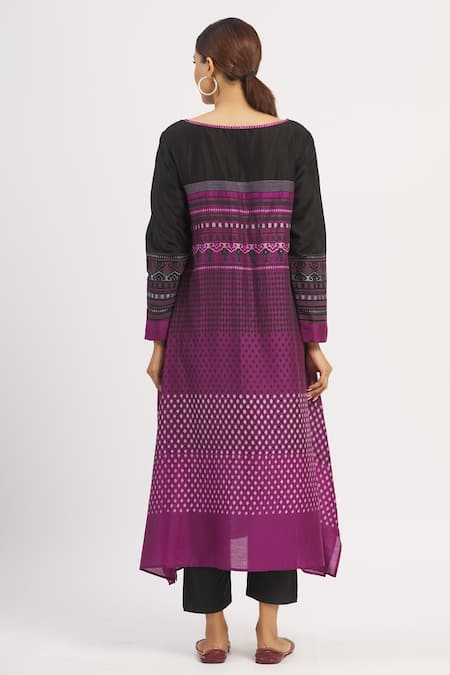 Shop_Krishna Mehta_Purple Chanderi Geometric Boat Asymmetric Printed Tunic _at_Aza_Fashions