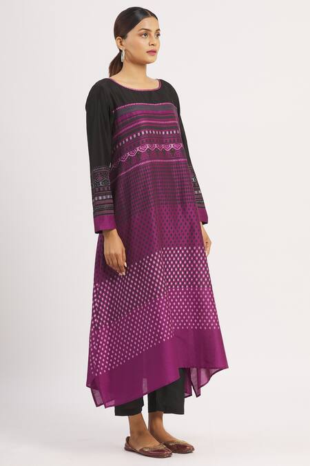 Krishna Mehta_Purple Chanderi Geometric Boat Asymmetric Printed Tunic _Online_at_Aza_Fashions