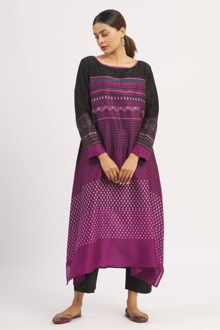 Buy_Krishna Mehta_Purple Chanderi Geometric Boat Asymmetric Printed Tunic _Online_at_Aza_Fashions